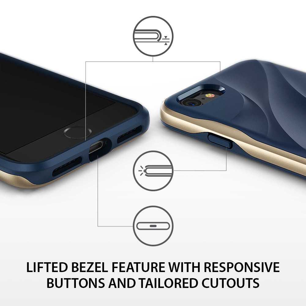 iPhone 8 / 7 Case | Wave - Blue and gold phone case showing lifted screen bezels, responsive buttons, and precise cutouts.