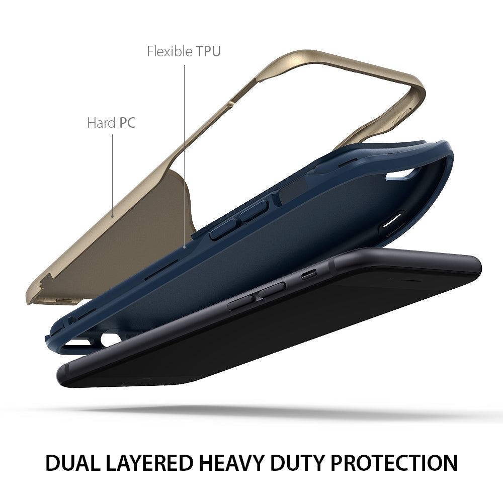 iPhone 8 / 7 Case | Wave - Exploded view of a dual-layer gold and navy phone case separating from an iPhone.