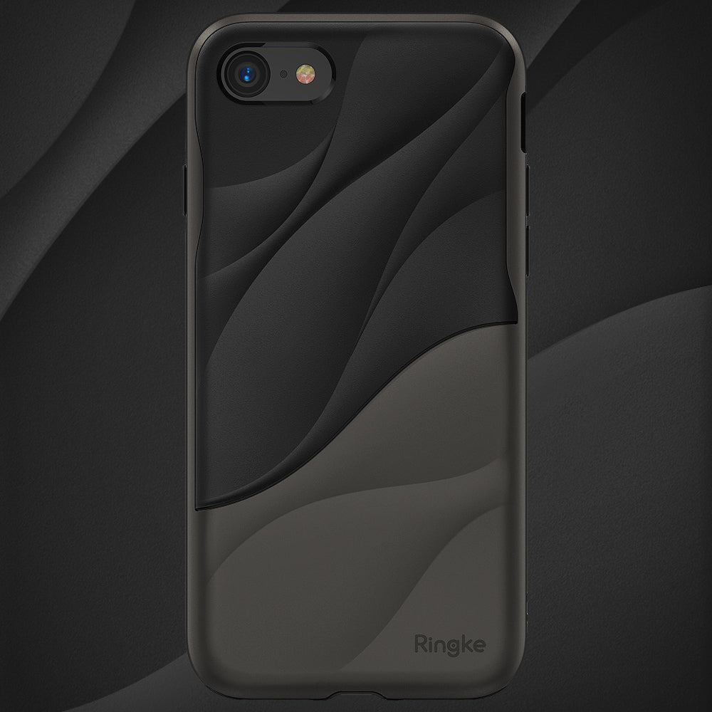 iPhone 8 / 7 Case | Wave - Matte black phone case with a textured, layered wave design and Ringke branding on a dark background.