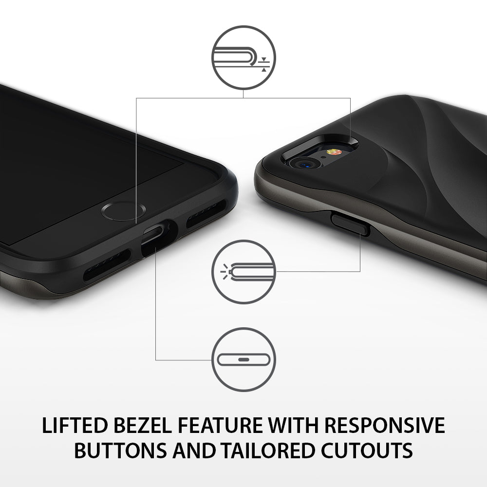 iPhone 8 / 7 Case | Wave - Close-up of phone case showing lifted screen bezel, responsive buttons, and precise port cutouts.