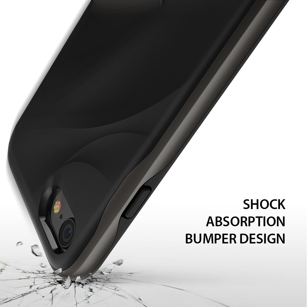 iPhone 8 / 7 Case | Wave - Black phone case with wavy texture hitting a cracked surface, text reads SHOCK ABSORPTION BUMPER DESIGN.