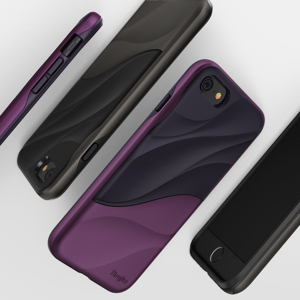 iPhone 8 / 7 Case | Wave - Multiple views of purple and black phone cases featuring a textured, wavy design on a white background.