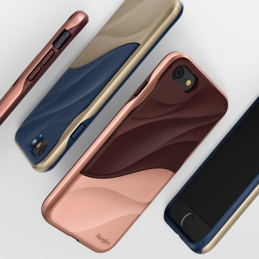 iPhone 8 / 7 Case | Wave - Three phone cases with wavy, dual-tone designs in rose gold, navy, and brown on a white background.