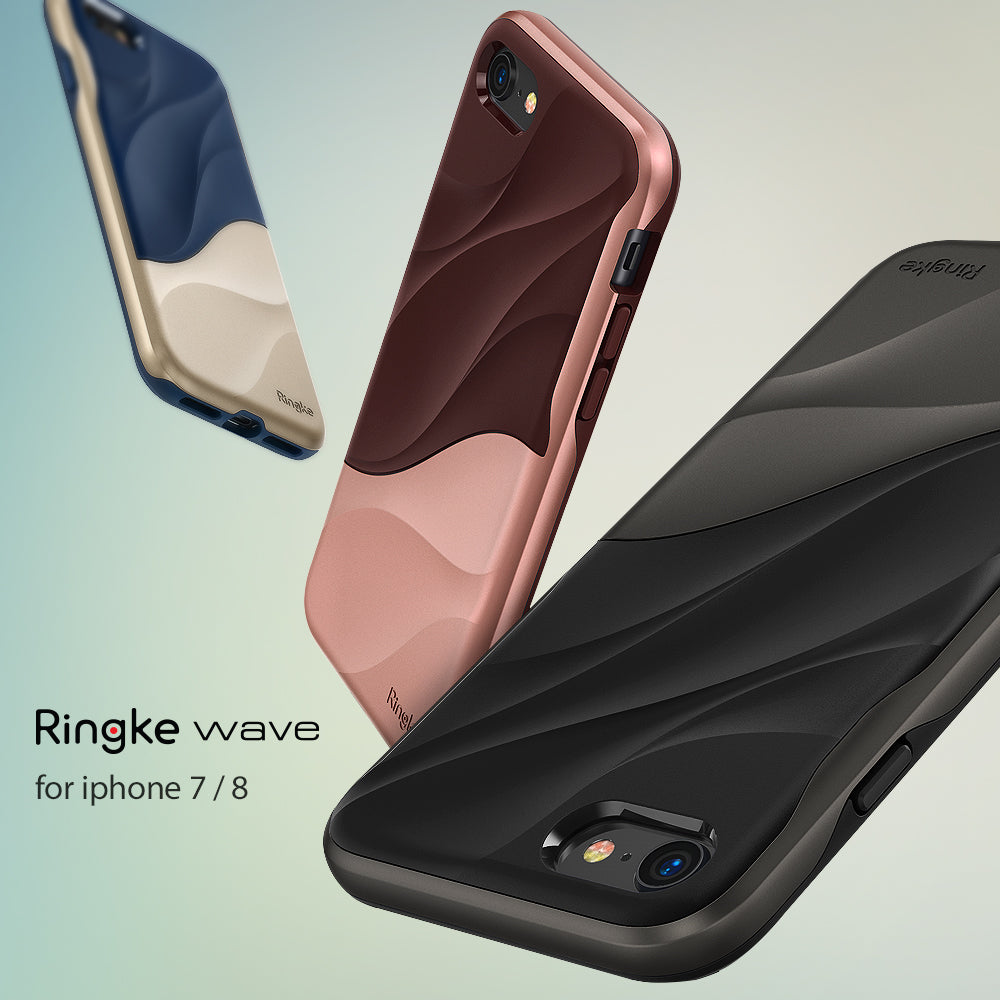 iPhone 8 / 7 Case | Wave - Three Ringke phone cases with wavy, dual-tone designs in blue, rose gold, and black.