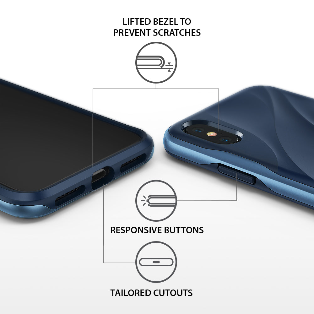 iPhone X Case | Wave - Blue phone case highlighting lifted bezels, responsive buttons, and precise port cutouts.