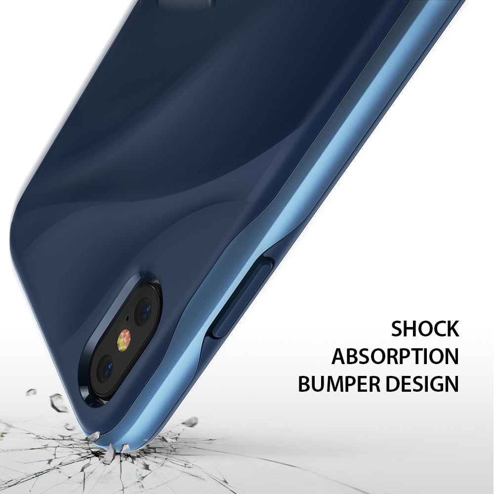 iPhone X Case | Wave - Coastal blue phone case with a wavy back design hovering over a shattered glass surface.