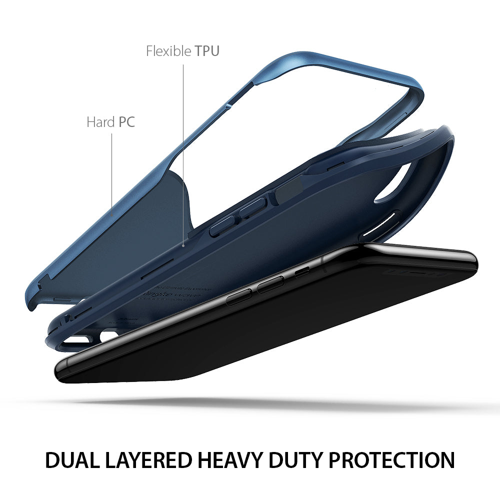 iPhone X Case | Wave - Exploded view of a blue dual-layer phone case with TPU and PC components separated above an iPhone.