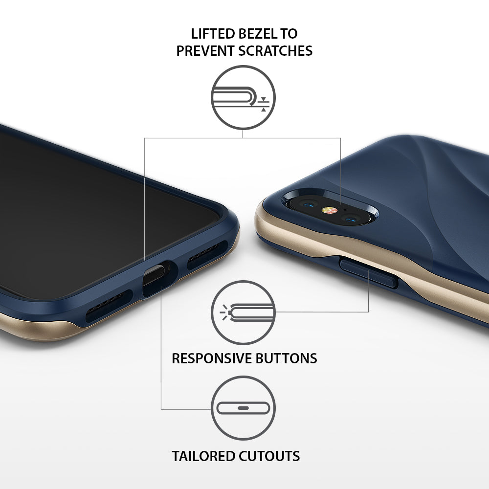 iPhone X Case | Wave - Blue and gold phone case showing lifted bezels, responsive buttons, and precise port cutouts.