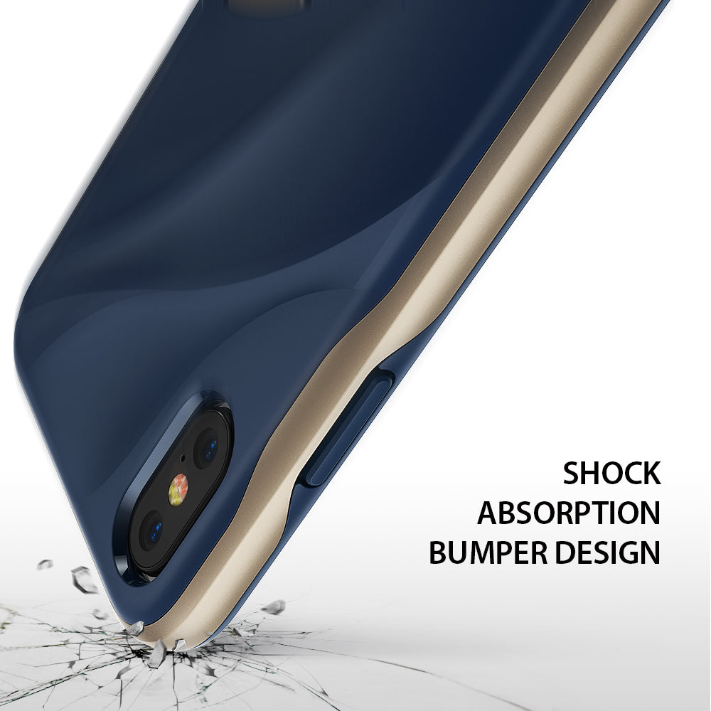 iPhone X Case | Wave - Navy blue phone case with gold bumper, angled view showing dual camera and shattered glass effect.
