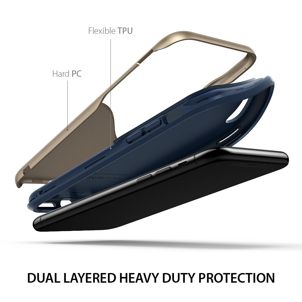 iPhone X Case | Wave - Exploded view of a dual-layer phone case with a gold hard PC shell and navy flexible TPU inner layer.