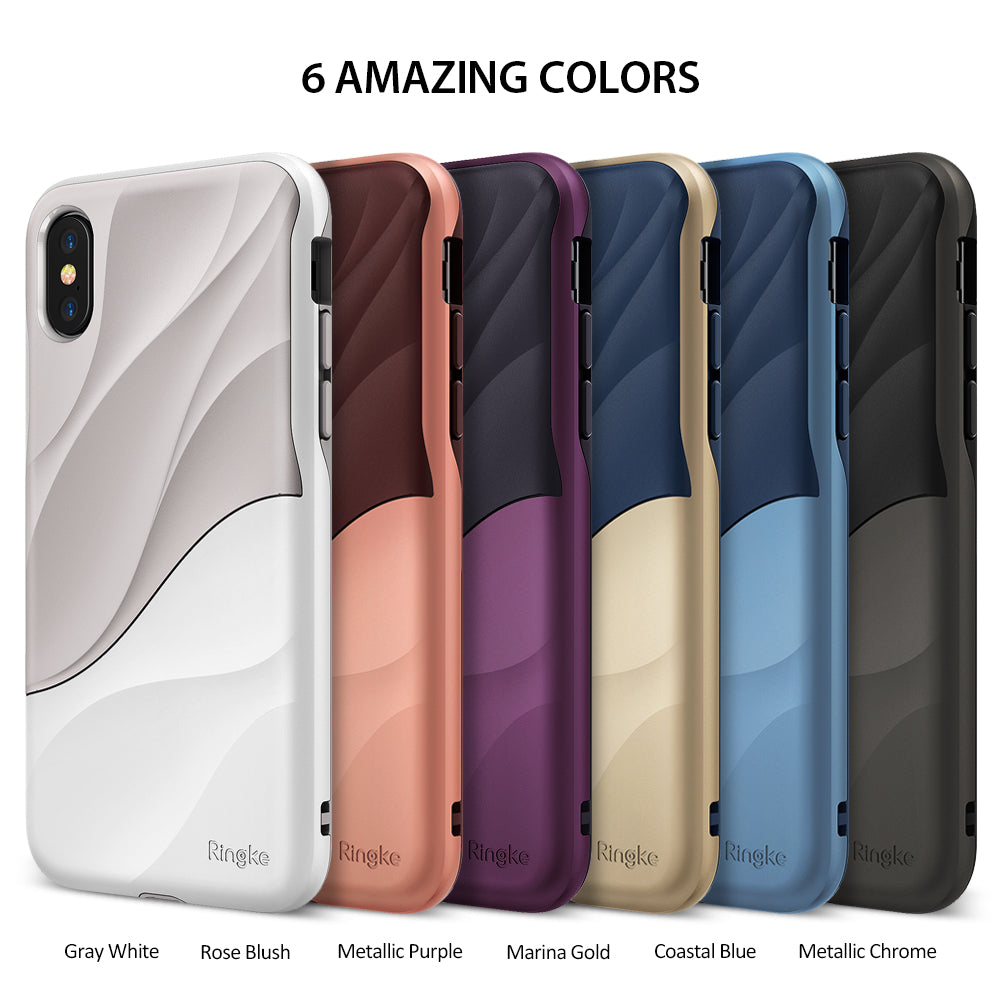 iPhone X Case | Wave - Six iPhone cases in different colors with a wavy, textured design arranged in a row.