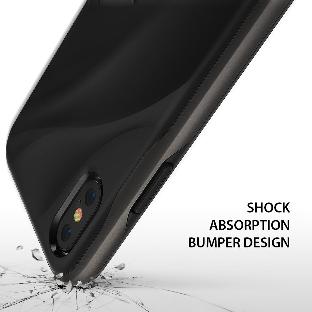 iPhone X Case | Wave - Black phone case with shock-absorbing bumper design hovering over shattered glass fragments.