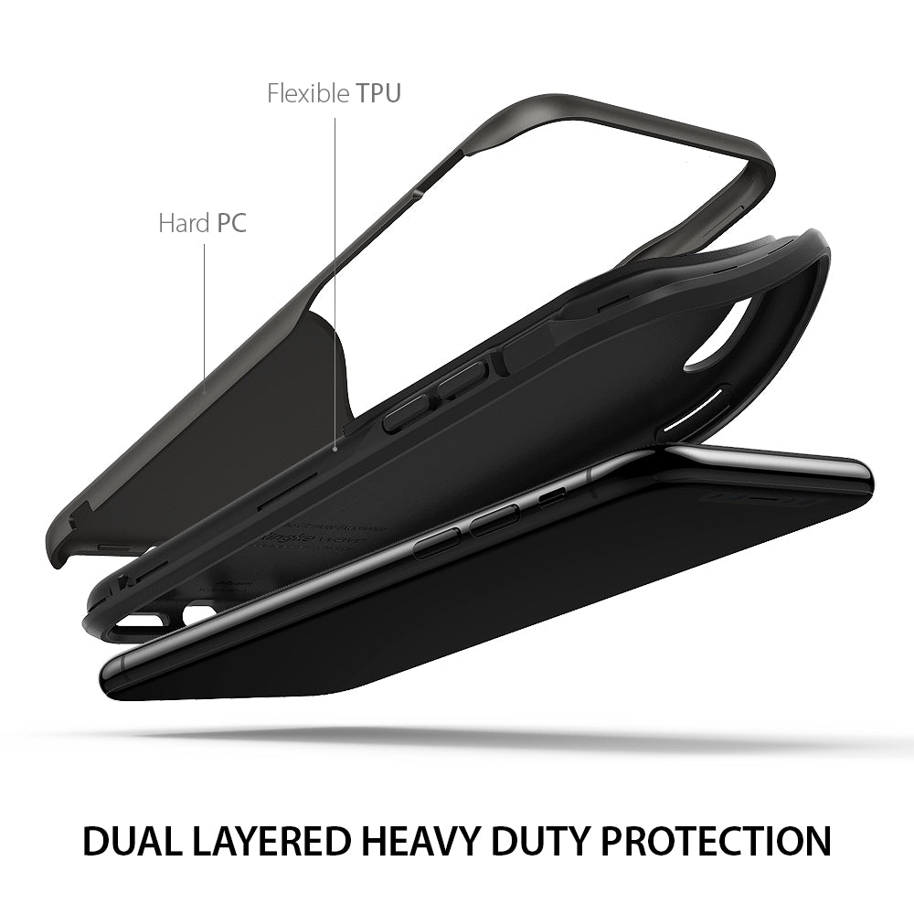 iPhone X Case | Wave - Exploded view of a dual-layer phone case showing flexible TPU and hard PC components.