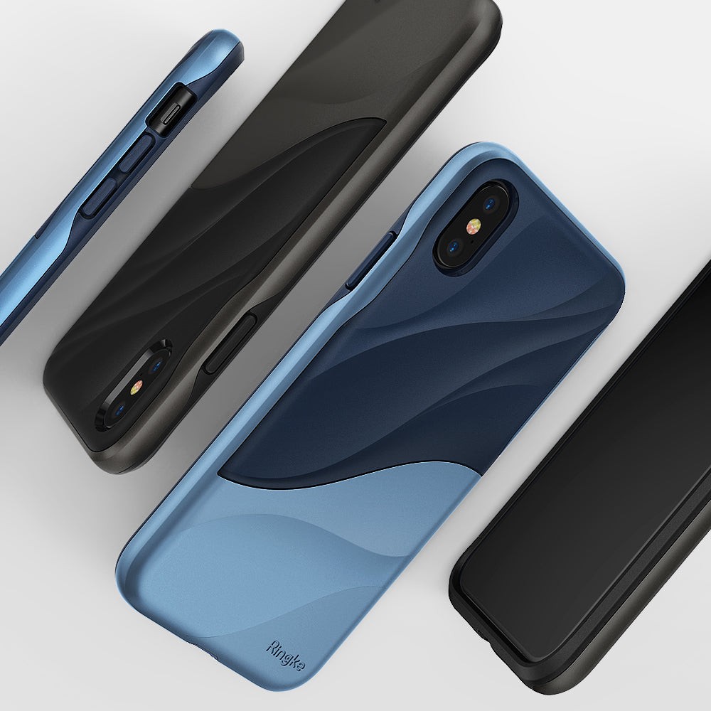 iPhone X Case | Wave - Multiple iPhone X cases with a textured, wavy design in blue and black colorways on a white background.