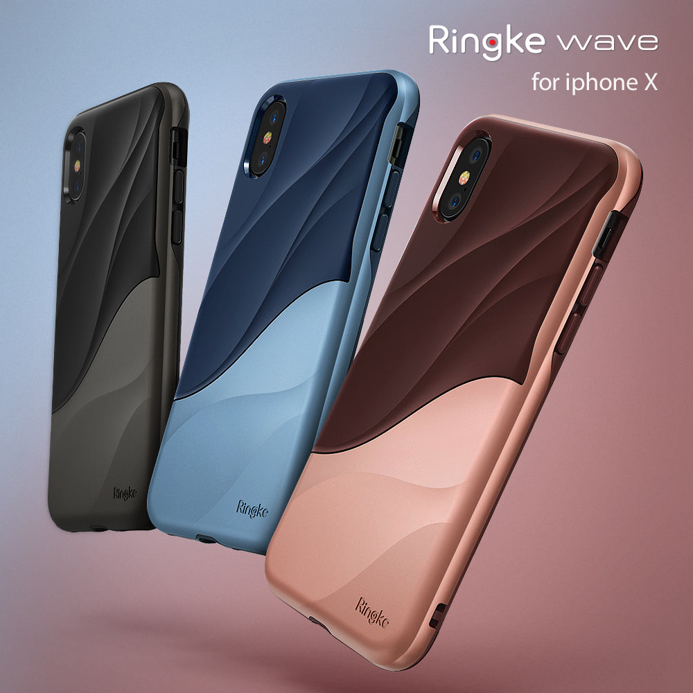 iPhone X Case | Wave - Three iPhone X cases in black, blue, and rose gold featuring a dual-tone, wavy textured design.