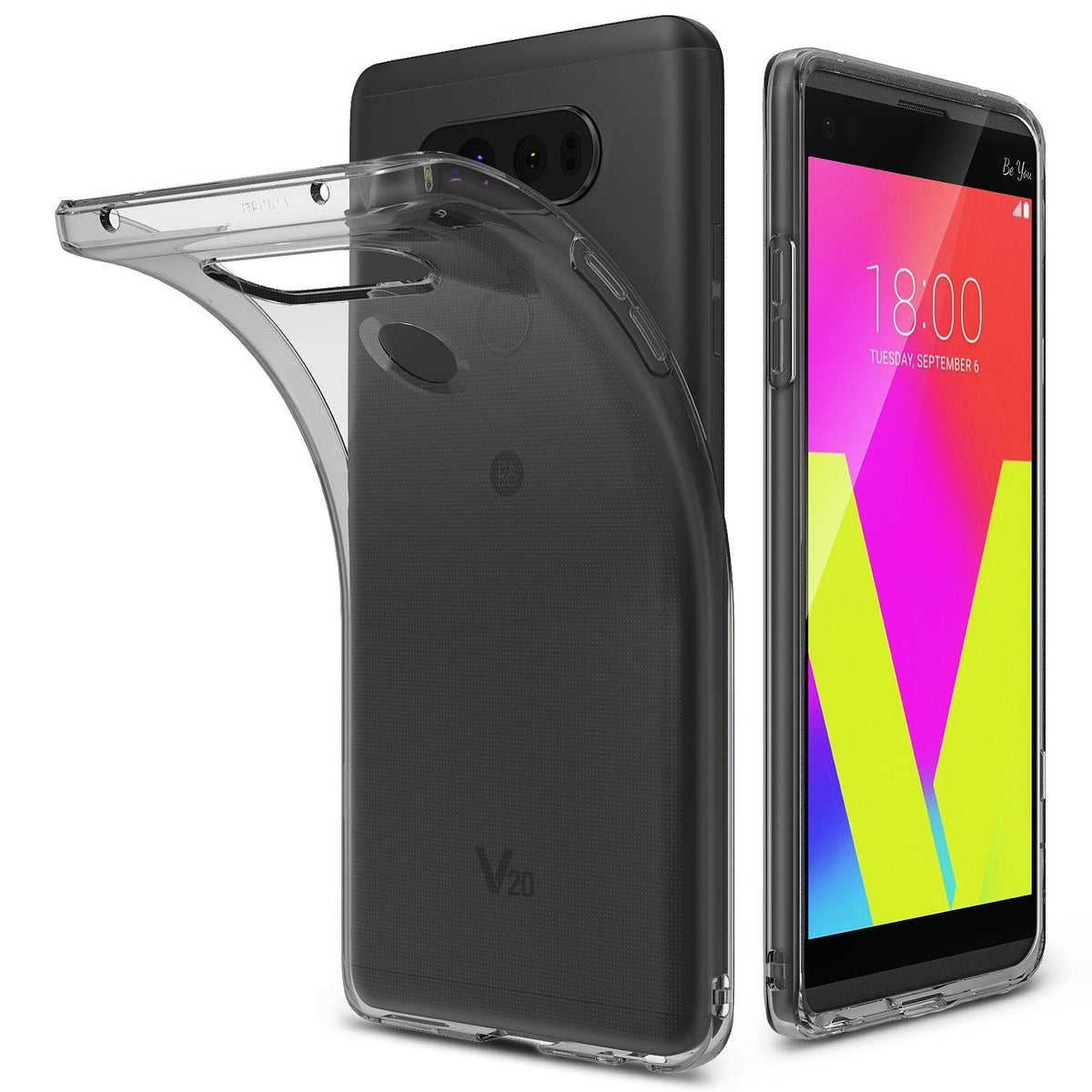 LG V20 Case | Air - A transparent, flexible phone case shown partially peeled off a black LG V20 smartphone.