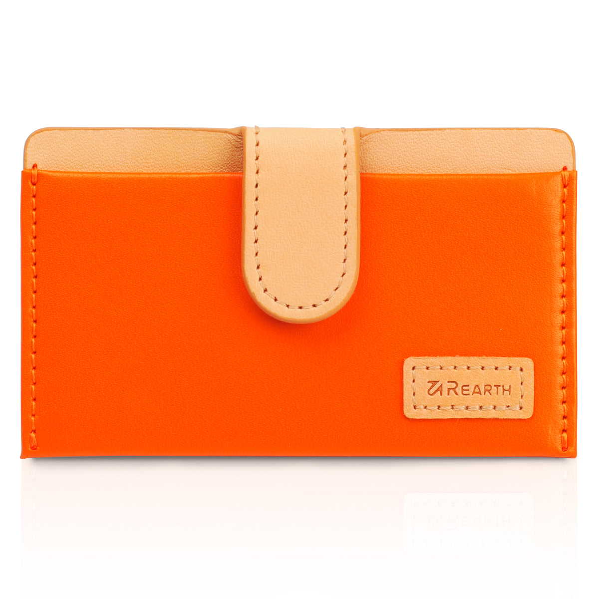 Card Holder | Genuine Leather - Orange - Bright orange leather card holder with a beige strap and Rearth logo patch.