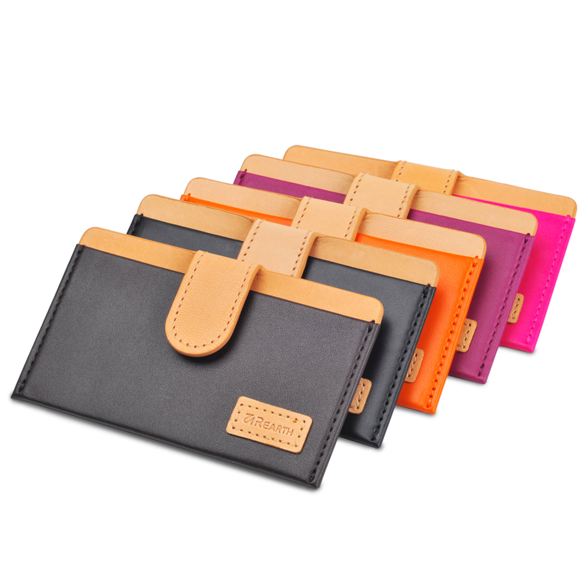 Ringke® Leather ID / Card Holder, 3M Adhesive Stick On Mini Wallet Attachment for All Phone Devices - Ringke® Leather ID / Card Holder - Five colorful leather card holders with tan straps arranged in a staggered row.