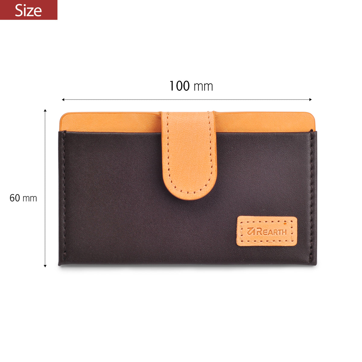 Ringke® Leather ID / Card Holder, 3M Adhesive Stick On Mini Wallet Attachment for All Phone Devices - Ringke® Leather ID / Card Holder - Brown and tan leather card holder with a snap closure, measuring 100mm by 60mm.