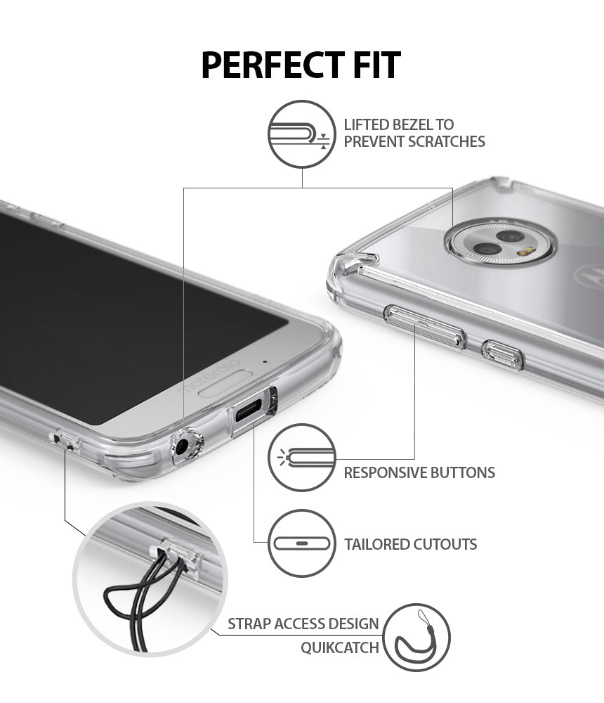 Moto G6 Case | Fusion - Clear phone case features showing lifted bezels, responsive buttons, tailored cutouts, and strap hole.