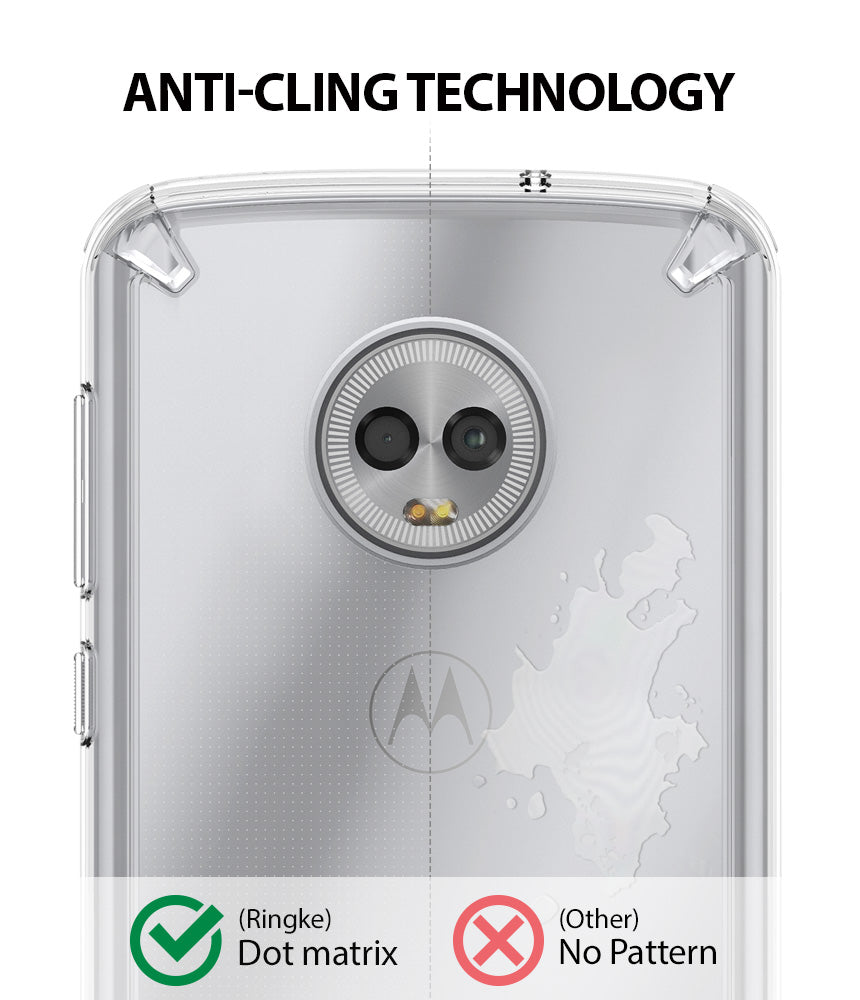 Moto G6 Case | Fusion - Comparison showing anti-cling dot matrix technology preventing watermarks on a clear phone case.
