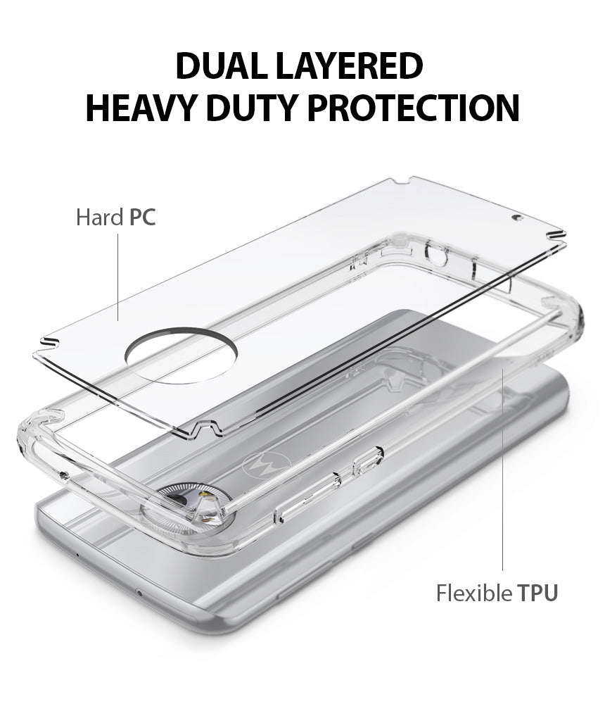 Moto G6 Case | Fusion - Exploded view of a clear phone case showing hard PC and flexible TPU layers protecting a Moto G6.