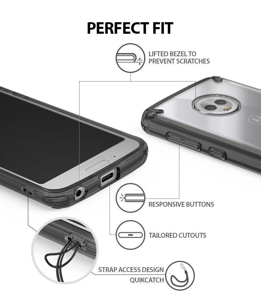Moto G6 Case | Fusion - Infographic showing case features: lifted bezels, responsive buttons, port cutouts, and strap access.