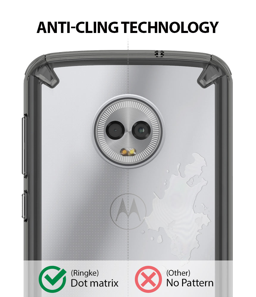 Moto G6 Case | Fusion - Comparison showing dot matrix pattern preventing watermarks on phone back versus standard case.
