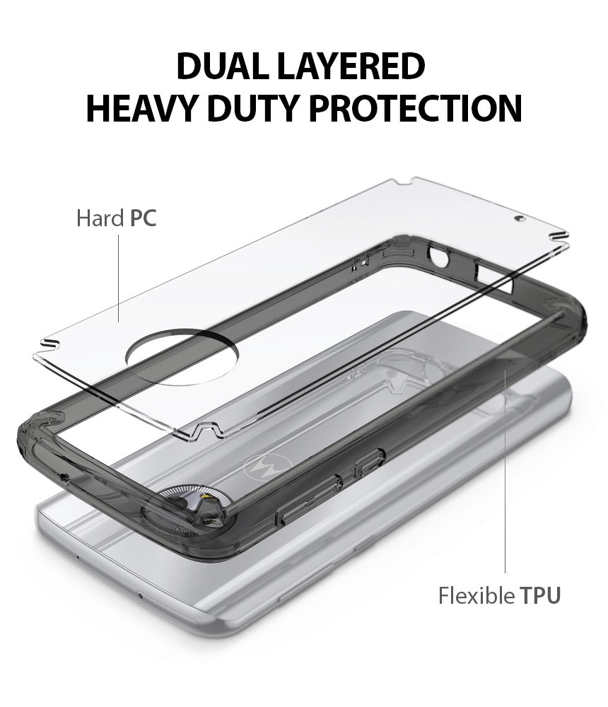 Moto G6 Case | Fusion - Exploded view showing a hard PC back panel and a flexible TPU frame for dual-layered phone protection.