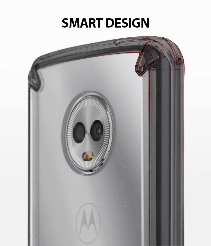 Moto G6 Case | Fusion - Close-up of a smoke black phone case showing reinforced corner bumpers and a wireframe design overlay.