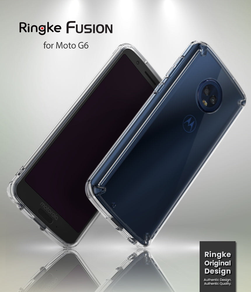 Moto G6 Case | Fusion - Clear protective phone case on a dark blue Moto G6, showing front and back views.