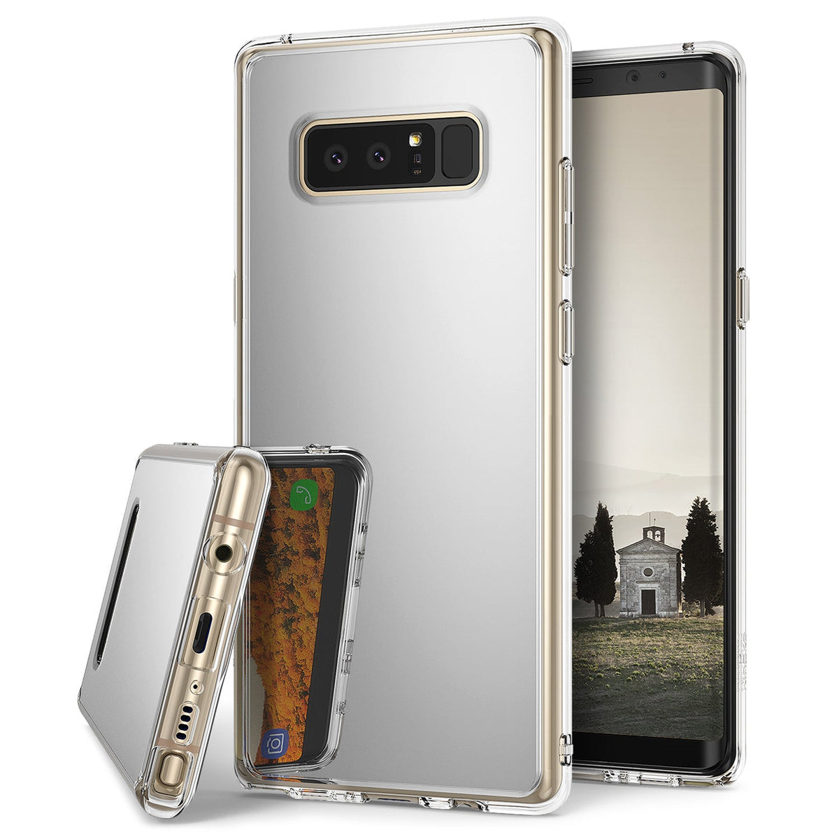 Galaxy Note 8 Case | Mirror - Silver reflective phone case shown from back, side, and front angles on a white background.