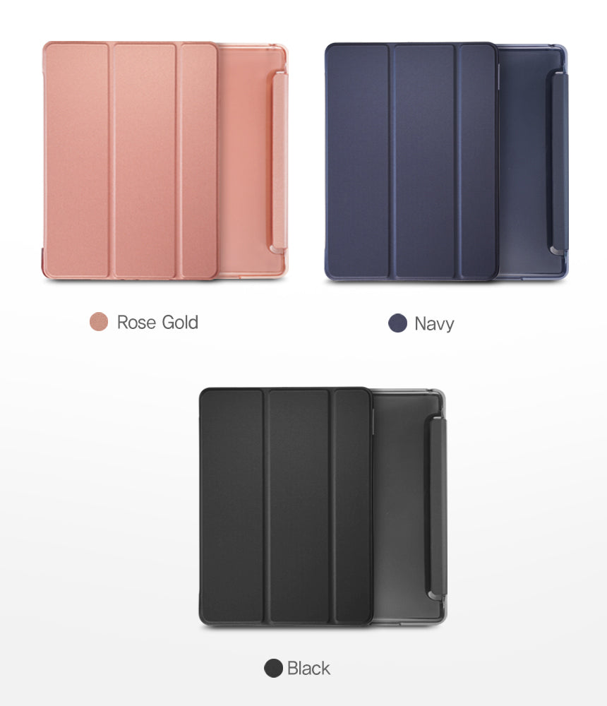 Smart Cover Clear Slim Stand | iPad - Rose gold, navy, and black tri-fold iPad cases with clear back shells.