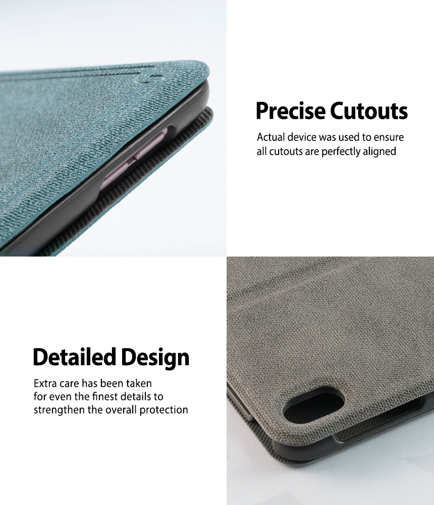 Smart Cover Design Leather Stand | iPad - Close-up of textured blue and grey iPad case showing precise port cutouts.