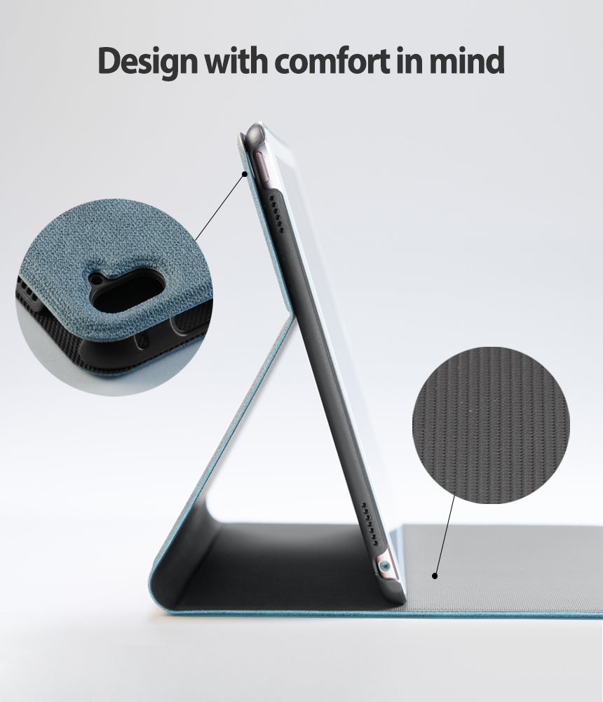 Smart Cover Design Leather Stand | iPad - Smart Cover Design Leather Stand - iPad in a blue leather stand case with close-up circular insets showing texture.