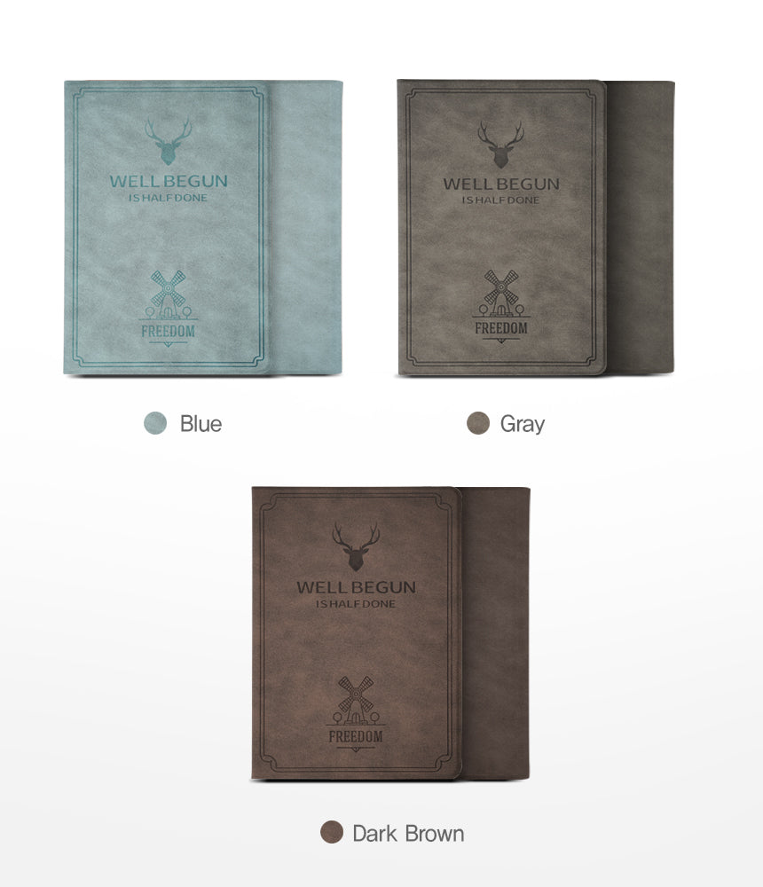 Smart Cover Design Leather Stand | iPad - Three leather iPad cases in blue, gray, and dark brown with deer and windmill logos.