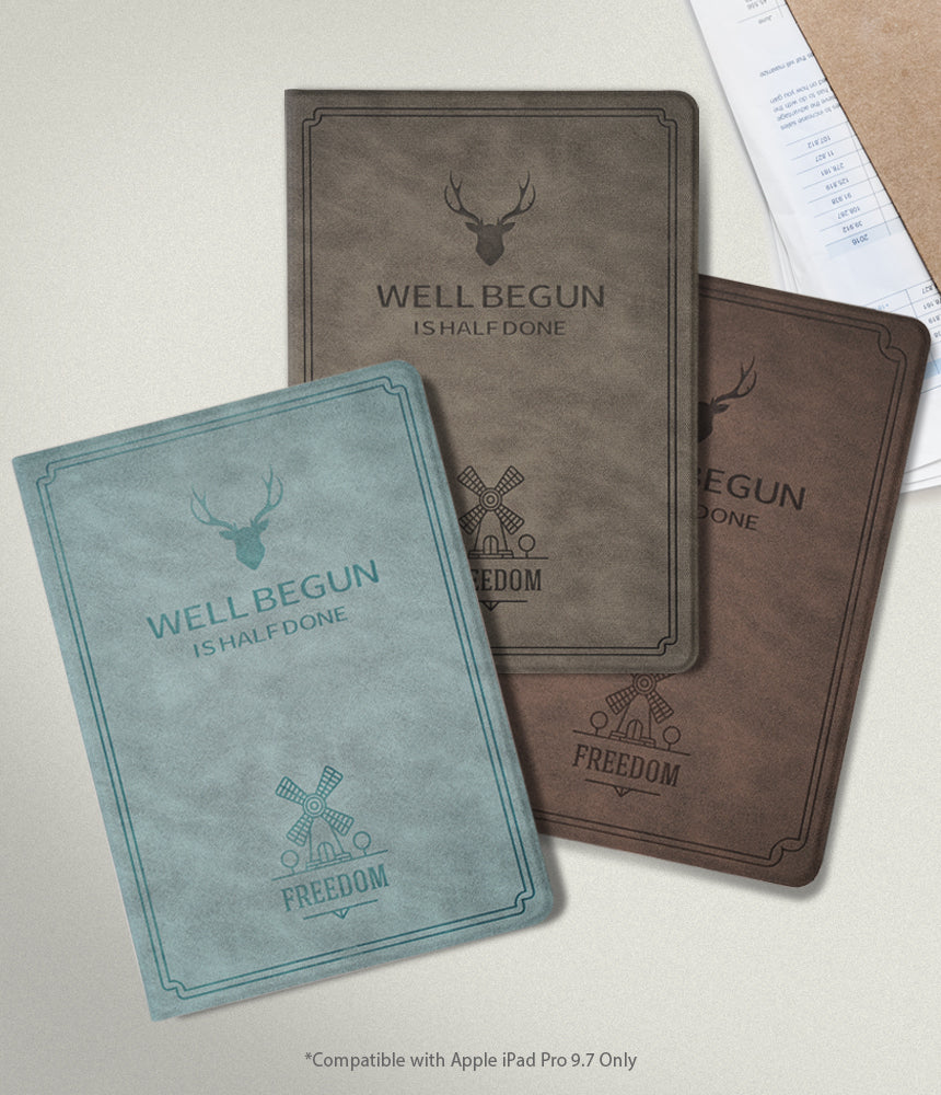 Smart Cover Design Leather Stand | iPad - Three leather iPad cases in blue, gray, and brown with deer and windmill motifs.