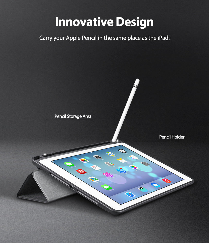 Smart Cover Clear Slim Stand | iPad - iPad in a protective case with a built-in Apple Pencil holder and storage slot.