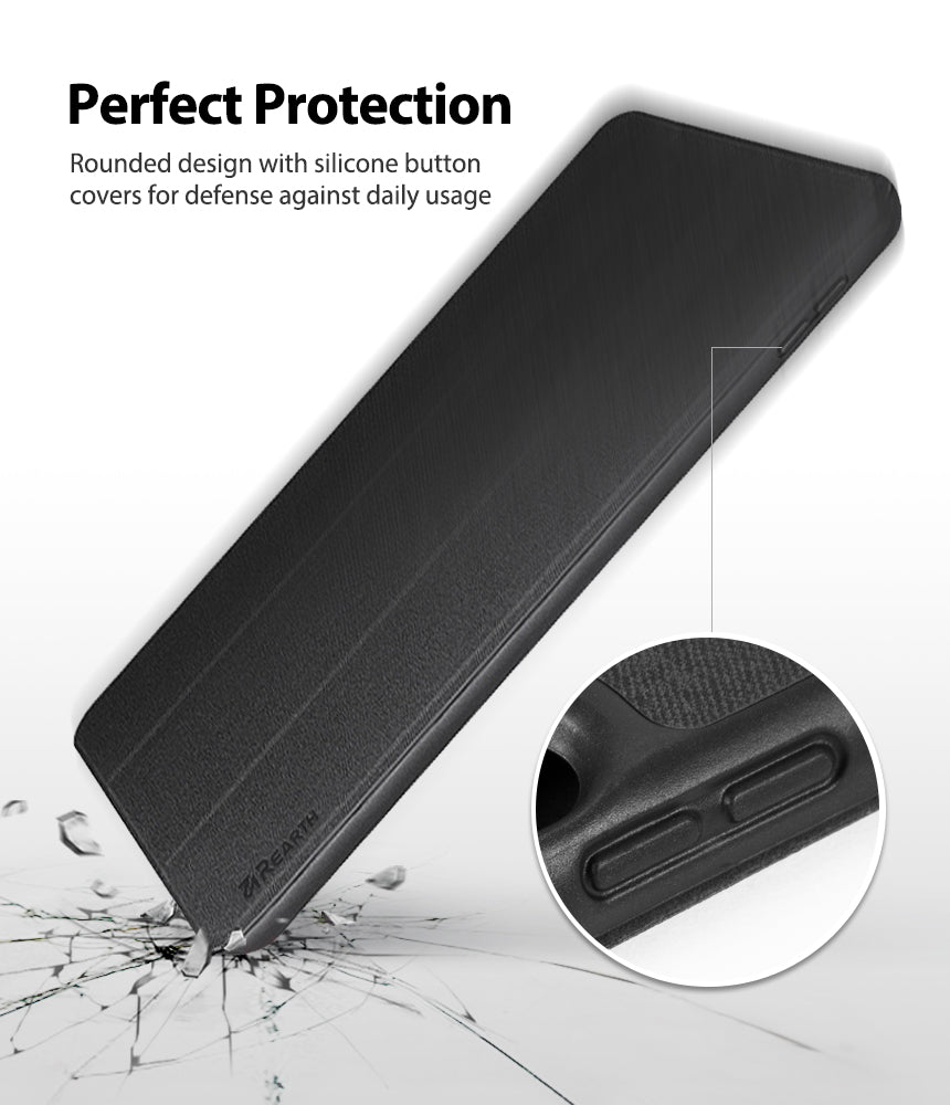 Smart Cover Clear Slim Stand | iPad - Black textured iPad case with a zoomed-in view of the silicone button covers.