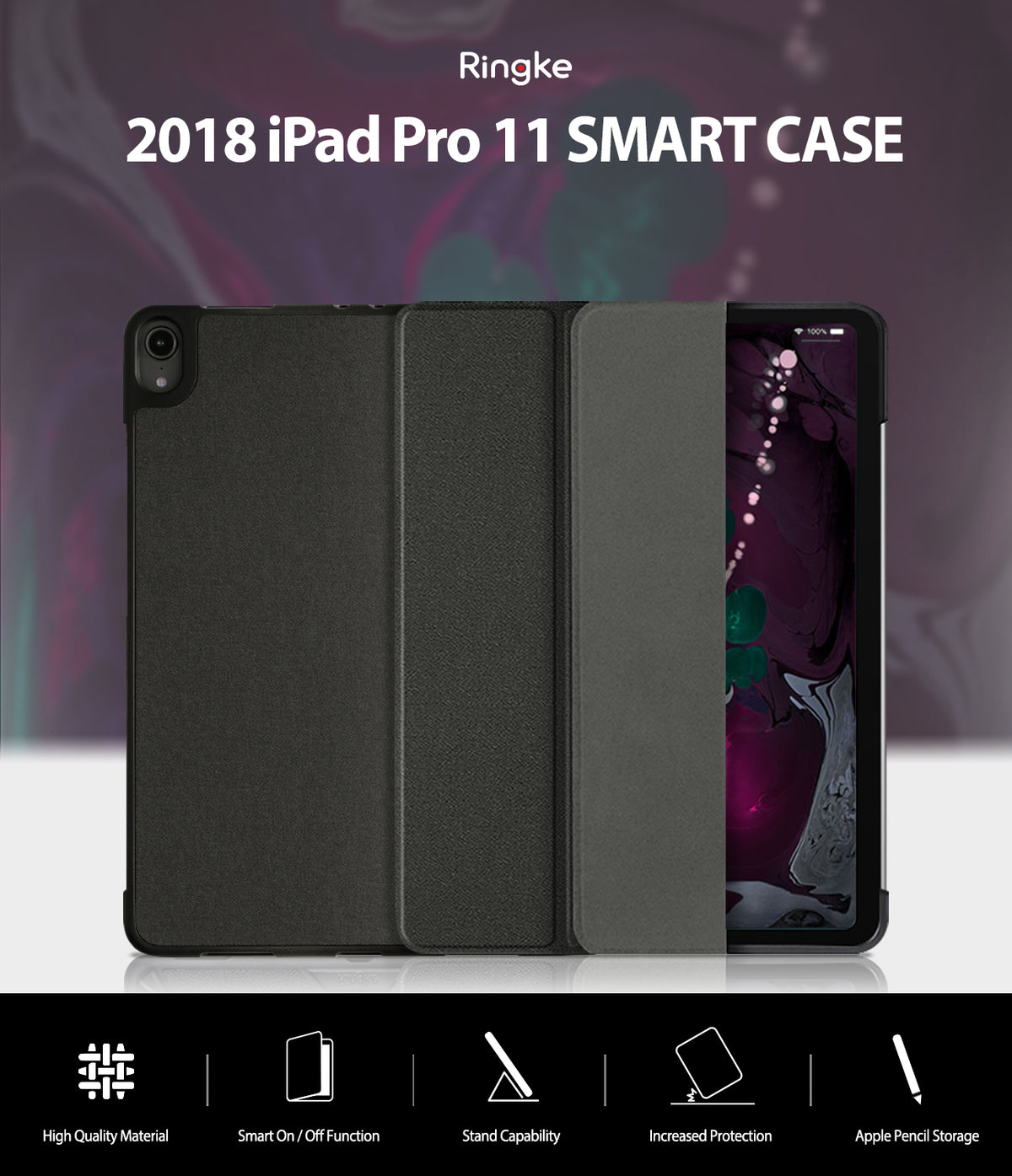 Smart Cover Apple Pencil Stand | iPad - Ringke 2018 iPad Pro 11 Smart Case shown in three views: closed, open, and with a phone inserted. The case is dark gray with a textured leather-like finish.
