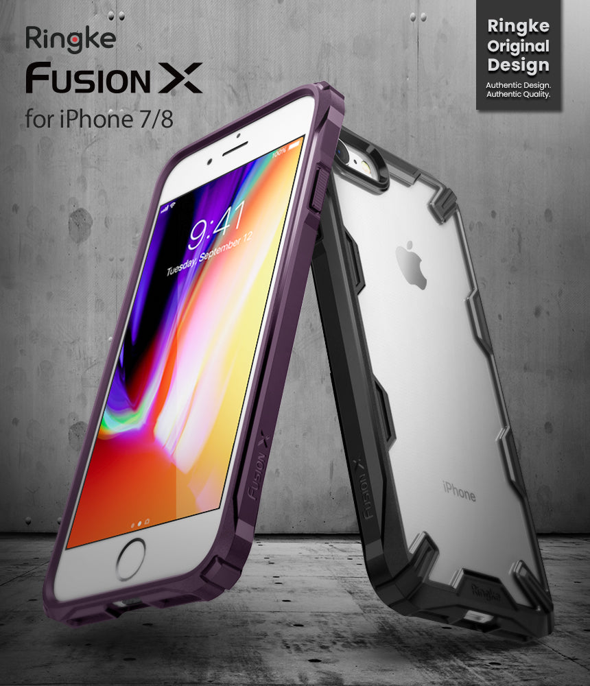 iPhone 8 / 7 Case | Fusion-X - Two iPhones in purple and black Fusion-X protective cases standing against a concrete wall.