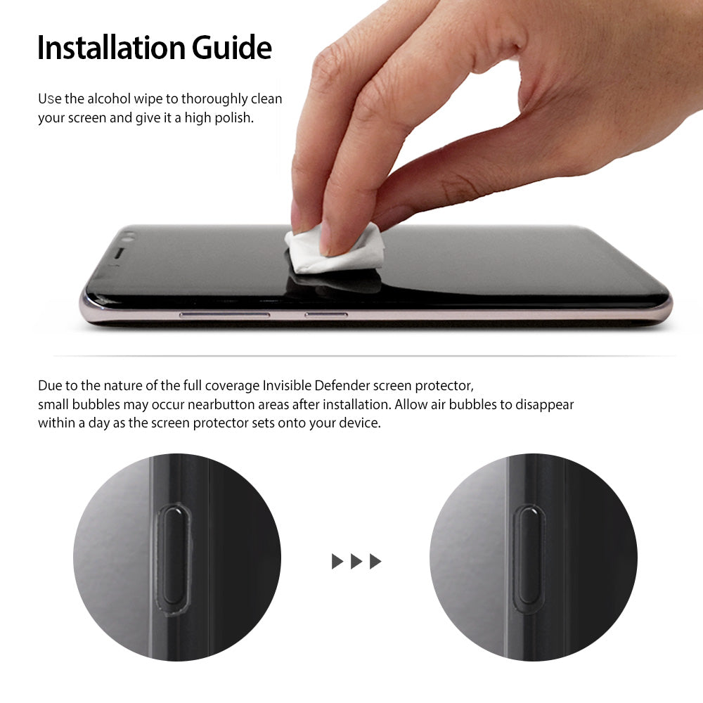 iPhone X Screen Protector | Invisible Defender - Hand cleaning phone screen with wipe and close-up of button area.