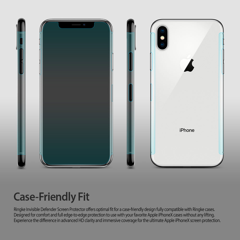 iPhone X Screen Protector | Invisible Defender - Front, side, and back views of an iPhone X with a screen protector.