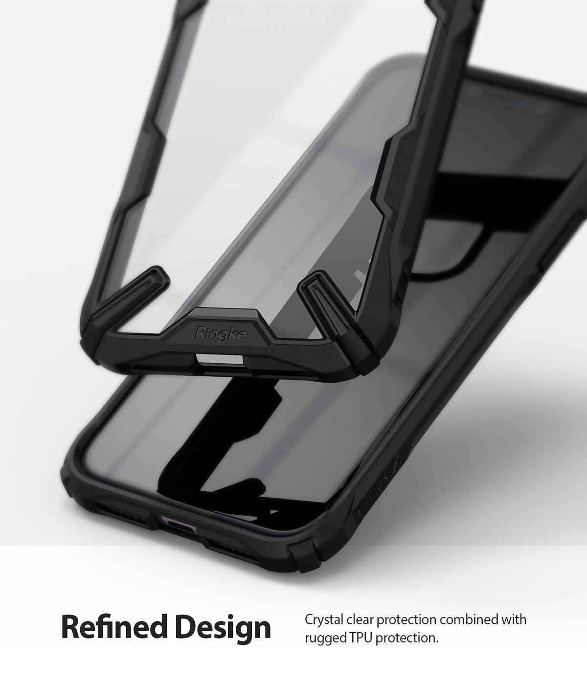 iPhone 11 Case | Fusion-X - Clear iPhone 11 case with a rugged black TPU bumper frame and Ringke branding.