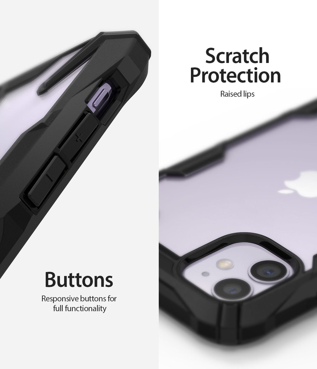 iPhone 11 Case | Fusion-X - Close-up of black protective case showing responsive side buttons and raised camera lens bezels.