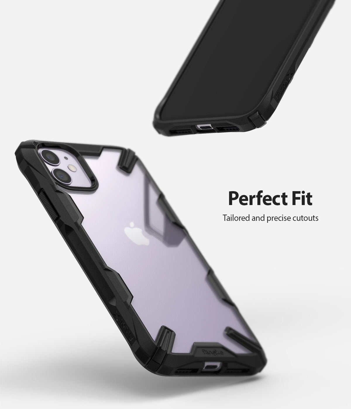 iPhone 11 Case | Fusion-X - Black rugged case with clear back on an iPhone 11, showing precise cutouts and perfect fit.