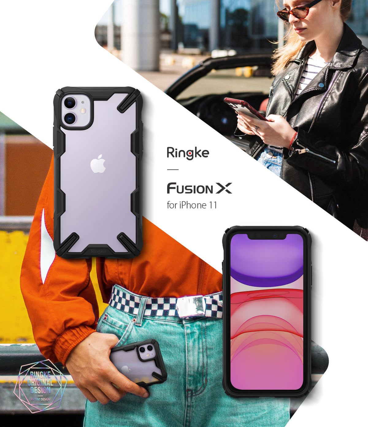 iPhone 11 Case | Fusion-X - Black rugged protective case on an iPhone 11, shown from front and back against a lifestyle background.