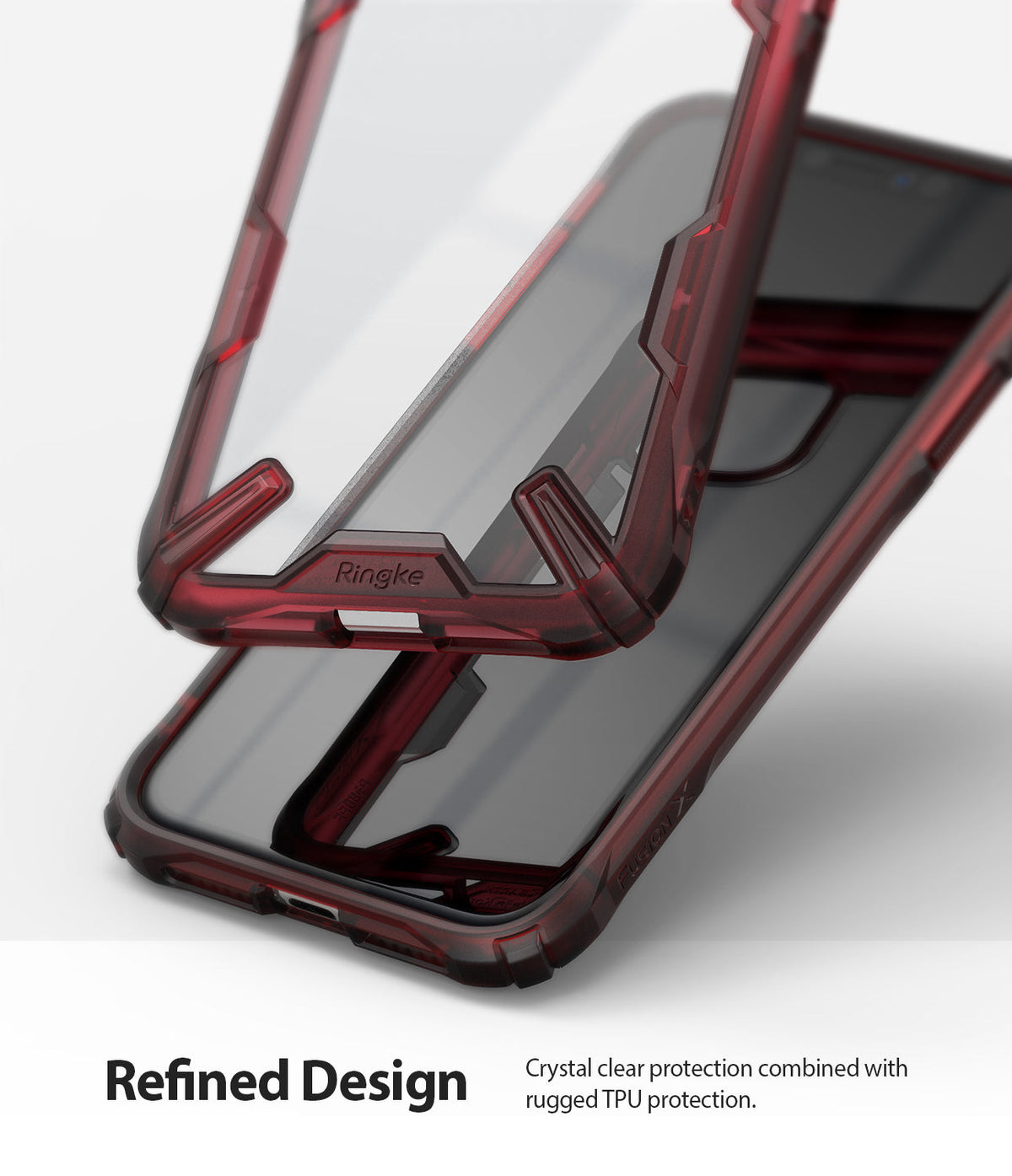 iPhone 11 Case | Fusion-X - Ruby red rugged TPU case with a clear back panel floating above an iPhone 11.