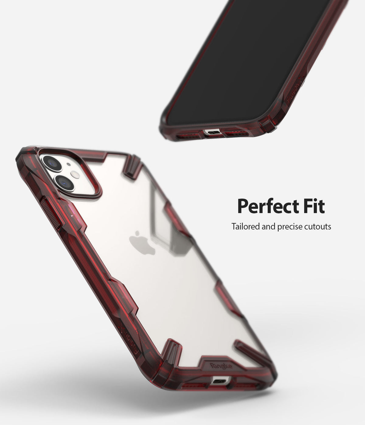 iPhone 11 Case | Fusion-X - Ruby red protective case with clear back and precise cutouts for iPhone 11, shown from two angles.