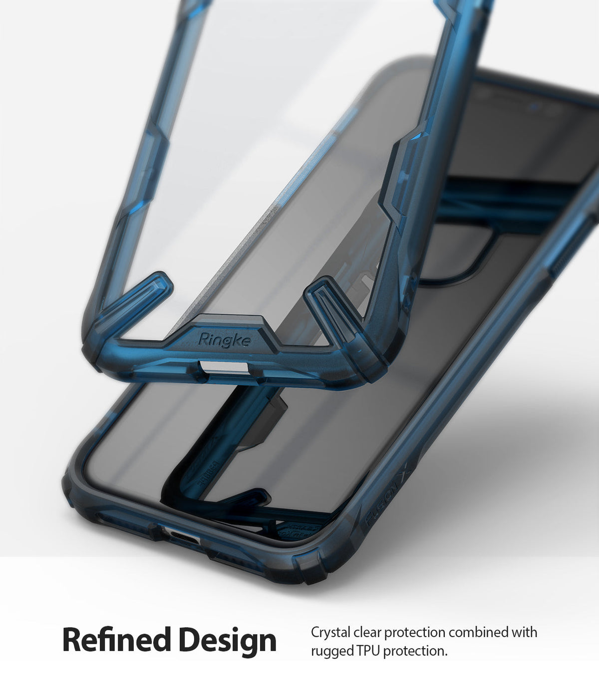 iPhone 11 Case | Fusion-X - Blue rugged TPU bumper case with a clear back panel floating above an iPhone 11.
